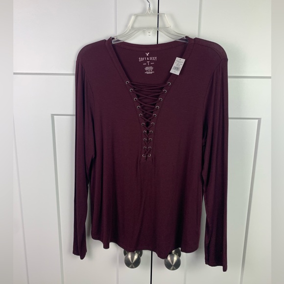 NWT American Eagle LARGE Soft Sexy Purple Lace Up V-Neck Long Sleeve Shirt Date - Picture 2 of 5